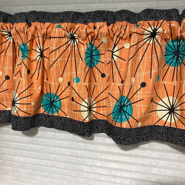 A. Retro Atomic Starburst Mid Century Modern Curtain, Valance, fifties sixties style, Salmon Peach, Turquoise, black, vintage style