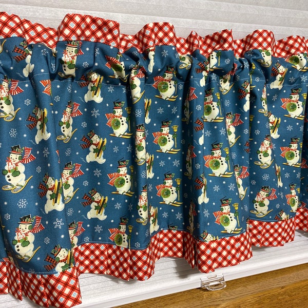 A. Retro Style Christmas Valance Curtain, 50’s style, winter decor, snowflakes, jolly snowmen, lined, pleated ruffle, 2” rod pocket