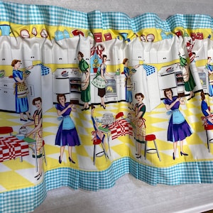 A. Retro fifties kitchen valance, Aqua, red, black, blue. Fifties ladies print. Vintage style. lined. Pleated ruffle. window topper, Home Ec