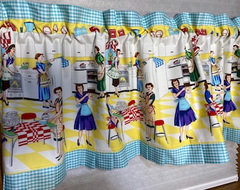 A. Retro fifties kitchen valance, Aqua, red, black, blue. Fifties ladies print. Vintage style. lined. Pleated ruffle. window topper, Home Ec