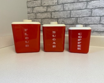 Vintage Lustro Ware canister set, red and white, plastic, set of 3 canisters, retro 50s