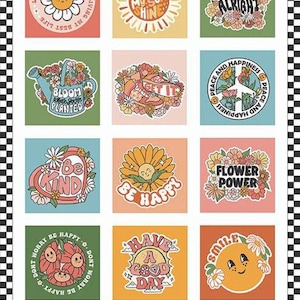 May include: A set of 12 colorful stickers with various flower and sun designs. The stickers feature positive messages like "Be Kind", "Be Happy", "Flower Power", and "Have a Good Day".