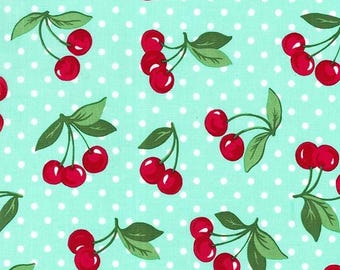 Tela, punto cereza sobre aguamarina de Michael Miller, cortada a medida, media yarda, cuarto de grasa. Vintage Retro, rojo, aguamarina, cerezas turquesa DCX6561-MINT