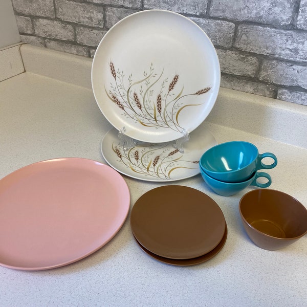 Vintage Melamine, by the piece, wheat plates, pink plate, brown dessert plates, brown and turquoise mugs