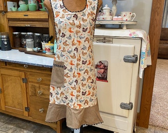 C. Women’s lady's apron, chickens, roosters, eggs, farm, vintage style, full length coverage with ruffle and pocket, farmhouse