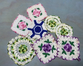 Vintage Crocheted hot pad, pot holder, flowers, round, square, green, pink, blue, purple. Choice of pattern, sold individually