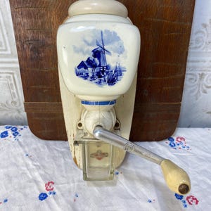 Vintage Wall Mount Coffee grinder, Delft blue Windmill Design, Made in West Germany, manual grinder, ceramic, glass, metal and wood
