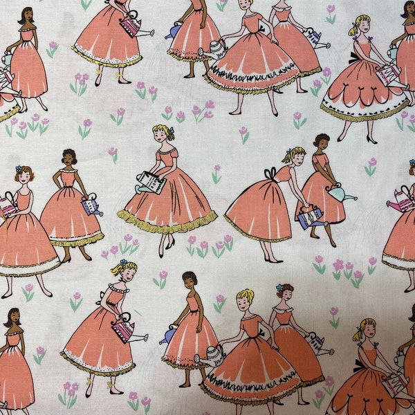 Fabric, Garden Gals by Michael Miller, by the yard, half yard, fat quarter. vintage retro gals with watering cans, floral