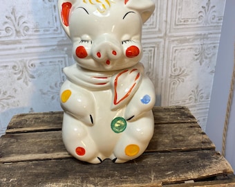 Vintage American Bisque, likely Shawnee pottery polka dot pig cookie jar, read description