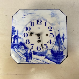 Vintage Antique German 8 day wall clock, untested, Delft, Porcelain Enamel, Blue and White, 8&quot; square, Early 1900s, rare collectible