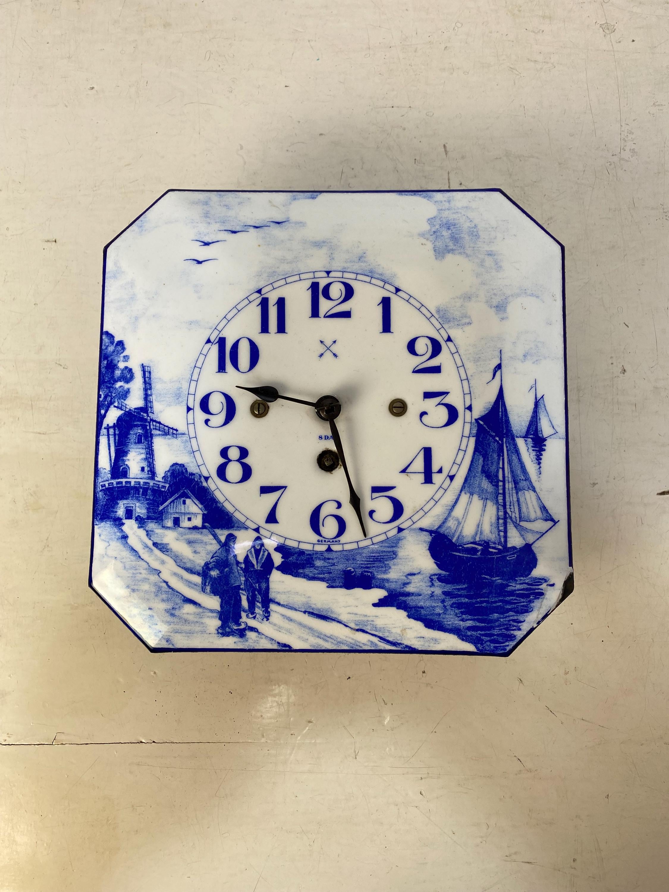 Vintage Antique German 8 Day Wall Clock, Untested, Delft