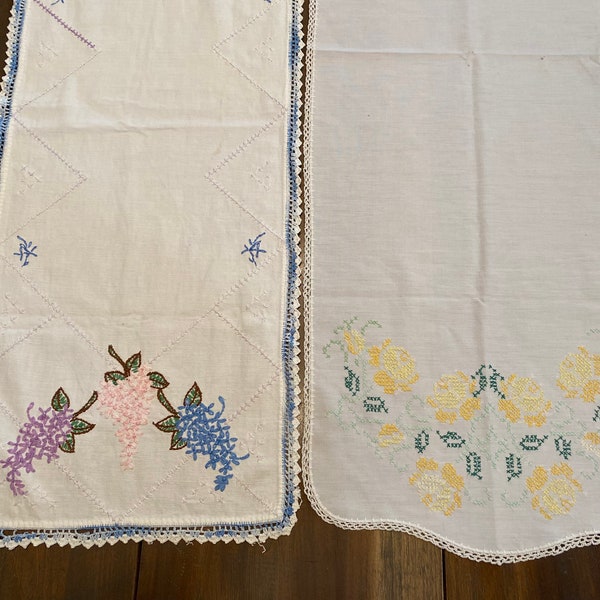 Vintage hand embroidered, hand made table runners, SOLD INDIVIDUALLY,  floral, yellow roses, pink lavender and blue lilacs