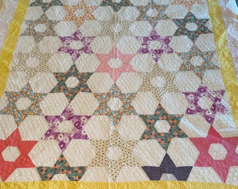 Vintage Quilt, Star design, 1930s, pastel, florals, full size, 86x70, nice condition, some stains, cottage core aesthetic, grandma core