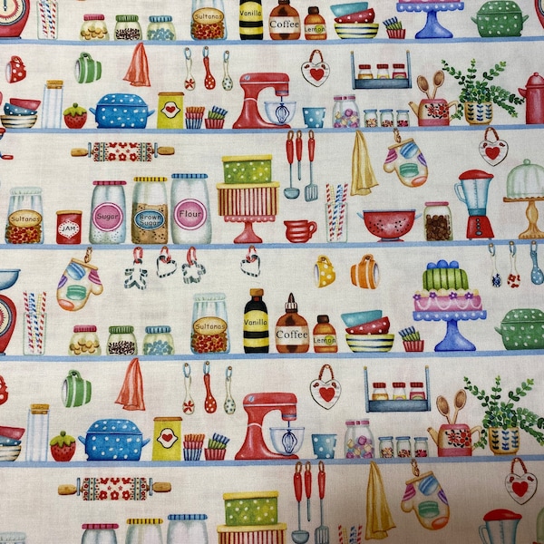 Fabric, Bakers Shelves by Michael Miller, Designed by Louise Nisbet, by the yard, half yard, fat quarter. Vintage Retro Kitchen items