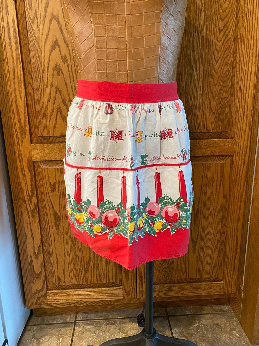 Vintage Christmas Half Apron, Tie Back, Pockets, Red and White Etsy