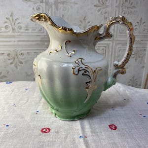 Vintage Antique Johnson Bros England small water pitcher, green and white with gold trim, Semi porcelain, beautiful detail, unique