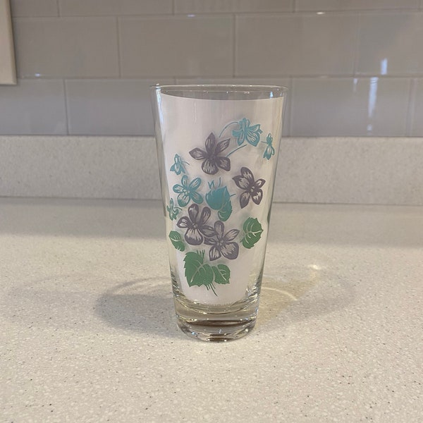 Vintage Lavender Violet Print Glass Tumbler, Water Glass, matches Royalon Violet Corsage, pastels, aqua and lavender, cottage core