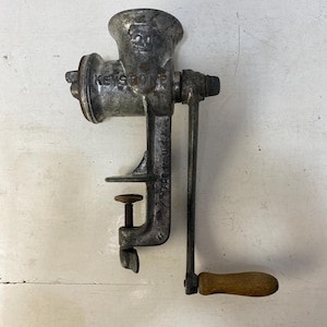 Vintage No 20 Keystone Food Chopper, grinder, cast iron with tin coating, meat, vegetables, hand crank, clamp on, wooden handle (#4)