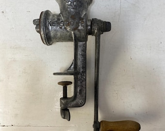 Vintage No 20 Keystone Food Chopper, grinder, cast iron with tin coating, meat, vegetables, hand crank, clamp on, wooden handle (#4)