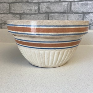 Vintage Yellow ware mixing bowl, pottery, crockery, Blue and pink stripes, primitive decor, farmhouse