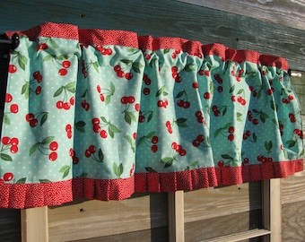 A. Retro Cherries Valance Curtain, fifties style, aqua and red, vintage style, retro style, farmhouse kitchen, window topper