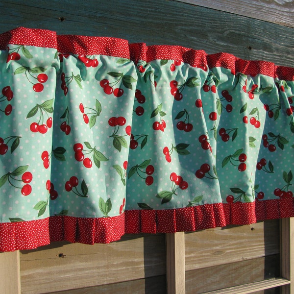 A. Retro Cherries Curtain, Valance, fifties style, aqua and red, vintage style, retro style, farmhouse kitchen