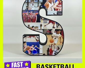 May include: Black wooden letter S decorated with a collage of photos of basketball players. The letter is a photo collage letter.