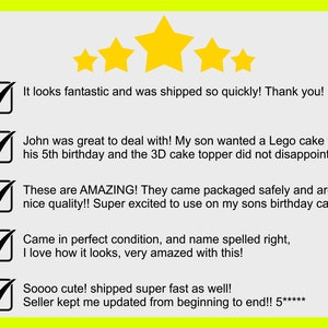 May include: Five star review with five check marks and positive comments. The comments include: "It looks fantastic and was shipped so quickly! Thank you!" "John was great to deal with! My son wanted a Lego cake for his 5th birthday and the 3D cake topper did not disappoint!" "These are AMAZING! They came packaged safely and are nice quality!! Super excited to use on my sons birthday cake!!" "Came in perfect condition, and name spelled right, I love how it looks, very amazed with this!" "Soooo cute! shipped super fast as well! Seller kept me updated from beginning to end!! 5*****"