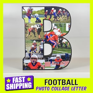 May include: A black wooden letter B with a photo collage of young football players in red and blue uniforms. The photos are arranged in a grid pattern on the front of the letter.