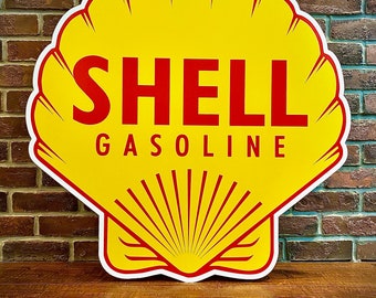 Cast Iron Double Sided Shell Motor Oil Hand Painted Advertising Sign On Bracket. 