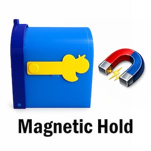Puede incluir: Buz&oacute;n azul con un pestillo amarillo y una forma decorativa amarilla. Un im&aacute;n de herradura rojo y azul con rayos junto al buz&oacute;n. El texto "Magnetic Hold" est&aacute; debajo.
