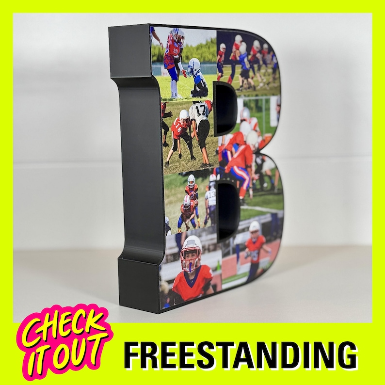 May include: Black freestanding letter B with a collage of photos of children playing football. The photos are arranged in a grid pattern and are printed on the front of the letter.