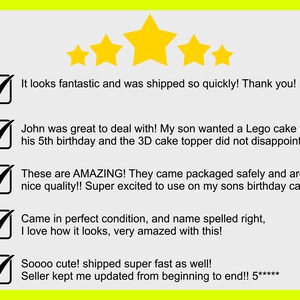 May include: Five star review with five check marks and positive comments. The comments include: "It looks fantastic and was shipped so quickly! Thank you!" "John was great to deal with! My son wanted a Lego cake for his 5th birthday and the 3D cake topper did not disappoint!" "These are AMAZING! They came packaged safely and are nice quality!! Super excited to use on my sons birthday cake!!" "Came in perfect condition, and name spelled right, I love how it looks, very amazed with this!" "Soooo cute! shipped super fast as well! Seller kept me updated from beginning to end!! 5*****"