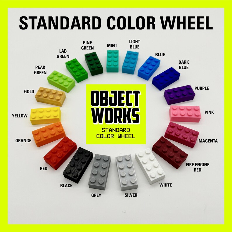 May include: A color wheel showing the standard LEGO colors, including red, orange, yellow, green, blue, purple, pink, black, white, grey, silver, gold, dark blue, light blue, mint, pine green, lab green, peak green, fire engine red, and magenta.