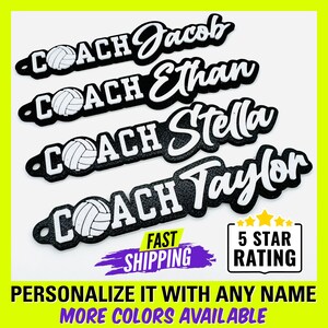 May include: Four black and white volleyball coach name tags with the text "COACH" and a volleyball graphic. The names are Jacob, Ethan, Stella, and Taylor. The text "FAST SHIPPING" and "5 STAR RATING" are also visible.