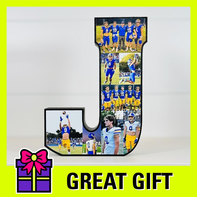 May include: A black wooden letter J with a collage of photos of people wearing blue and white football uniforms. The letter is standing on a white surface. The photos are arranged in a grid pattern. The letter is a great gift for a football fan.