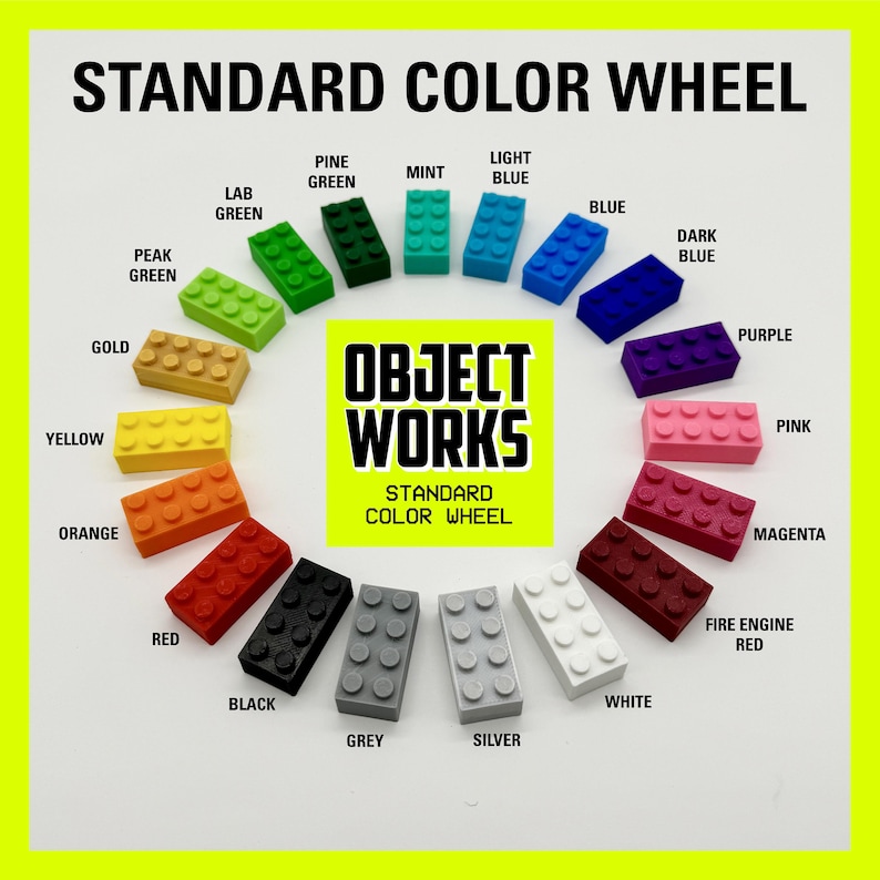 May include: A color wheel showing the standard Lego colors, including red, orange, yellow, green, blue, purple, pink, black, white, grey, silver, gold, and dark blue. The colors are arranged in a circle with the text "Object Works Standard Color Wheel" in the center.