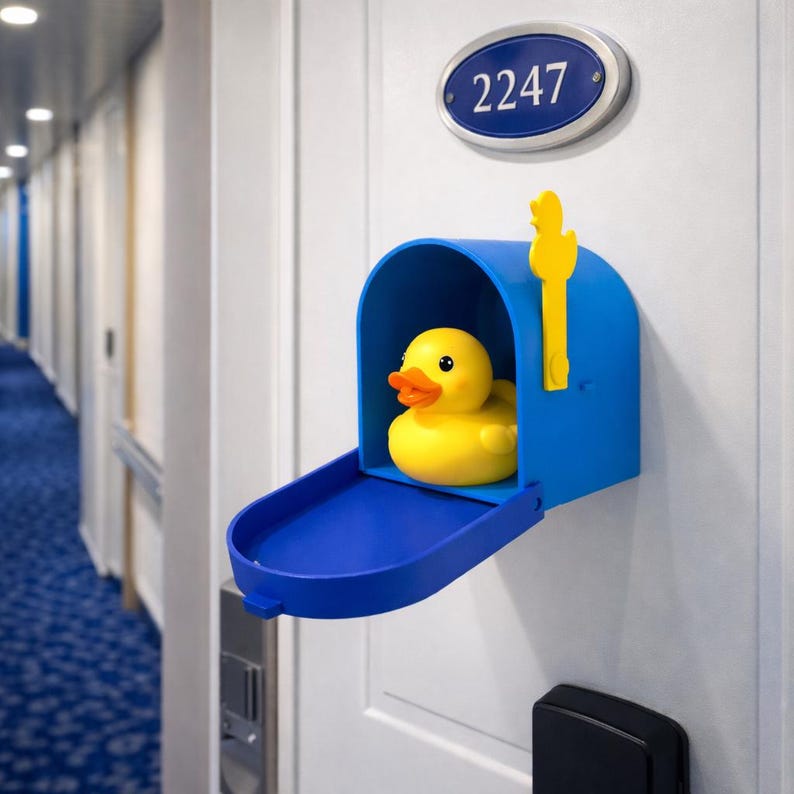 Puede incluir: Un contenedor azul con forma de buz&oacute;n con un pato amarillo dentro. El buz&oacute;n tiene una bandera amarilla y est&aacute; montado en una puerta blanca. Encima del buz&oacute;n hay un letrero ovalado azul con el n&uacute;mero 2247.