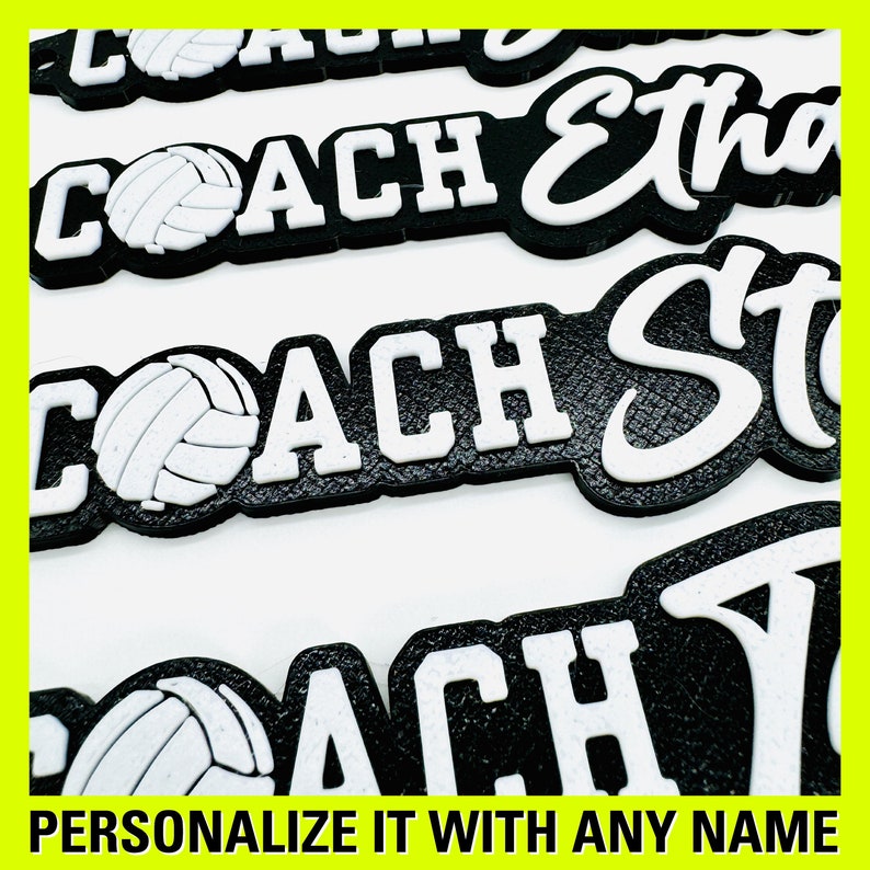 May include: Black and white volleyball coach name plaque with a volleyball graphic. The text reads "COACH" followed by a name.  Personalize it with any name.