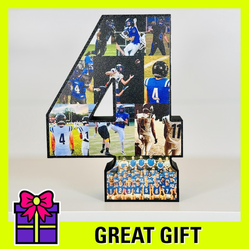 May include: Black wooden number four with a collage of photos of football players wearing blue and white uniforms. The photos are arranged in a grid pattern and include a team photo at the bottom. The number is a great gift for a football fan.