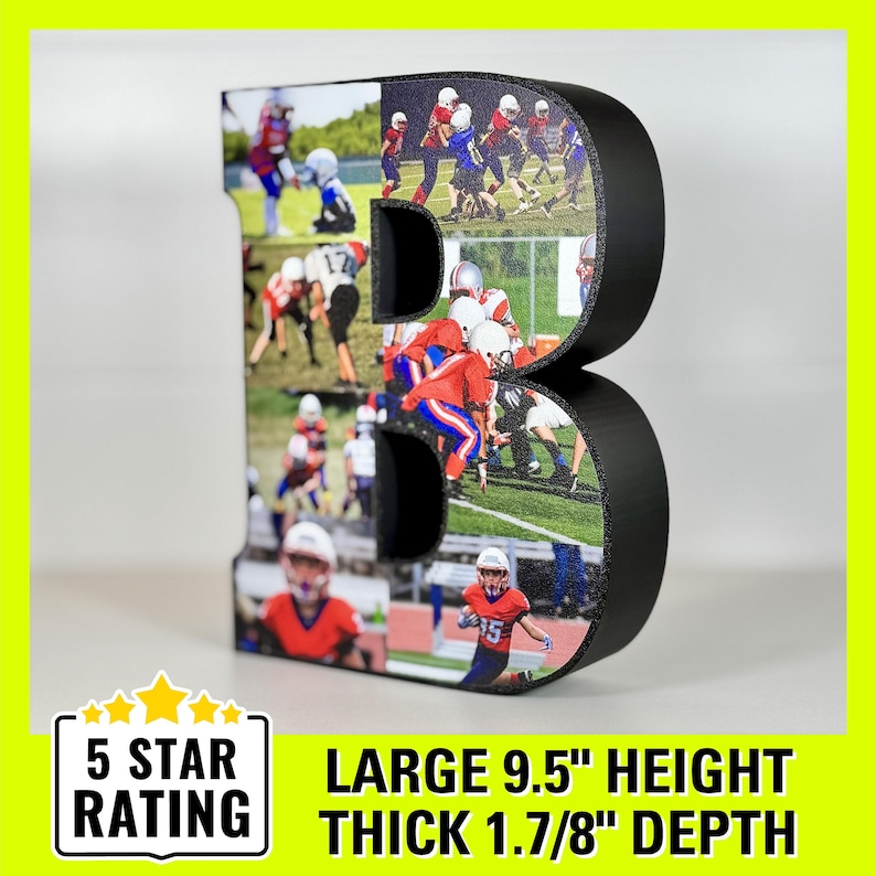 May include: A large black wooden letter B with a collage of photos of children playing football. The letter is 9.5 inches tall and 1.7/8 inches thick.