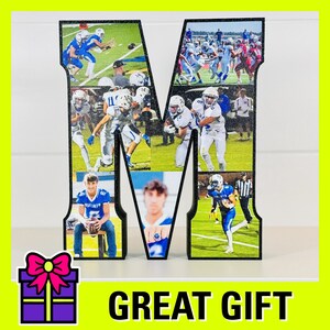 May include: A black wooden letter M with a collage of photos of football players in blue and white uniforms. The photos are arranged in a grid pattern and show different players in various poses.