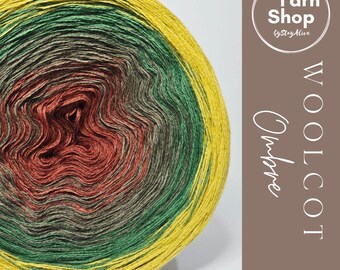 May include: A vibrant, multi-colored yarn ball with a gradient effect. The yarn transitions from yellow to green, brown, and red. The text "Yarn Shop" and "WOOLCOT Ombre" are visible on the right side of the image. This yarn is suitable for knitting and crochet projects.
