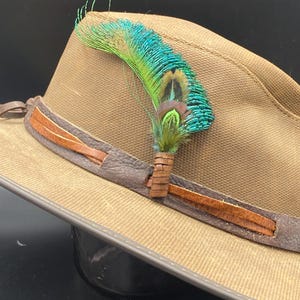 Peacock Feather Hat Clip: Handmade Leather-Wrapped Lapel Pin