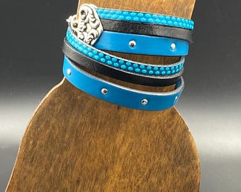 Turquoise Leather Wrap Bracelet: Studded Western Cuff, Adjustable Boho Chic