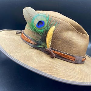 Peacock Feather Hat Clip: Handmade Leather-Wrapped Lapel Pin