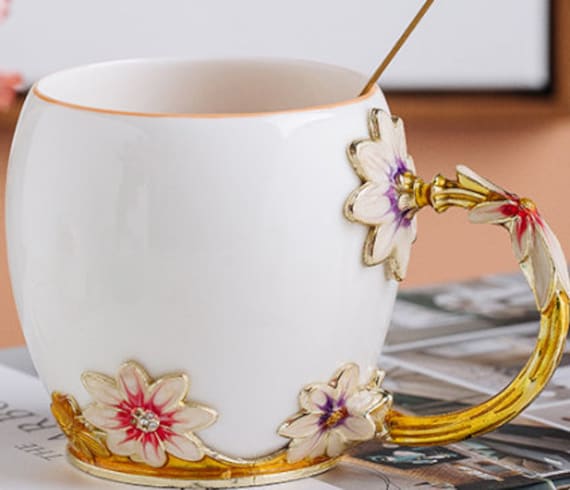 Stylish Coffee Mug, Fancy Coffee Mug, Flower Enamel Fashionable Teacup and  Teaspoon, Metal Handle Coffee Mug 