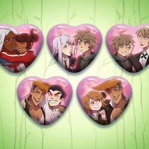 May include: Five heart-shaped buttons featuring anime-style couples. Each button has a pink background with white hearts. The couples are hugging or smiling. The buttons are on a green background with white vertical lines.