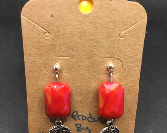 Sterling Silver Fall Leaf Earrings: Red Faceted Glass Beads