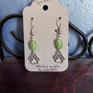 Green and silver paw prints earrings, Nickel free